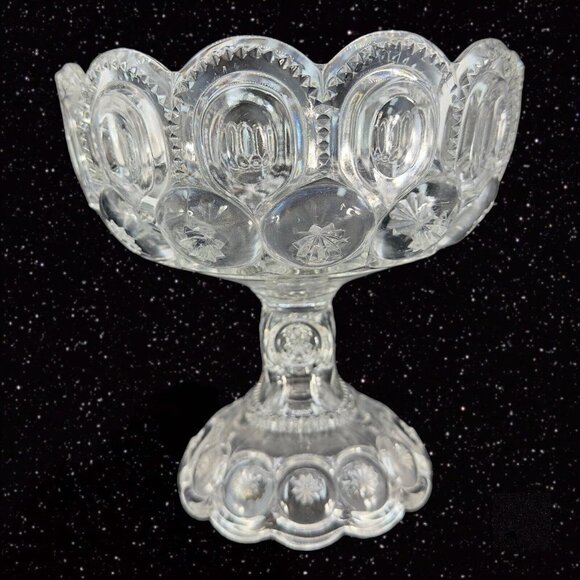 Antique EAPG Adams & Co Palace Moon & Stars Compote Large Clear Manganese 365nm - Picture 5 of 15